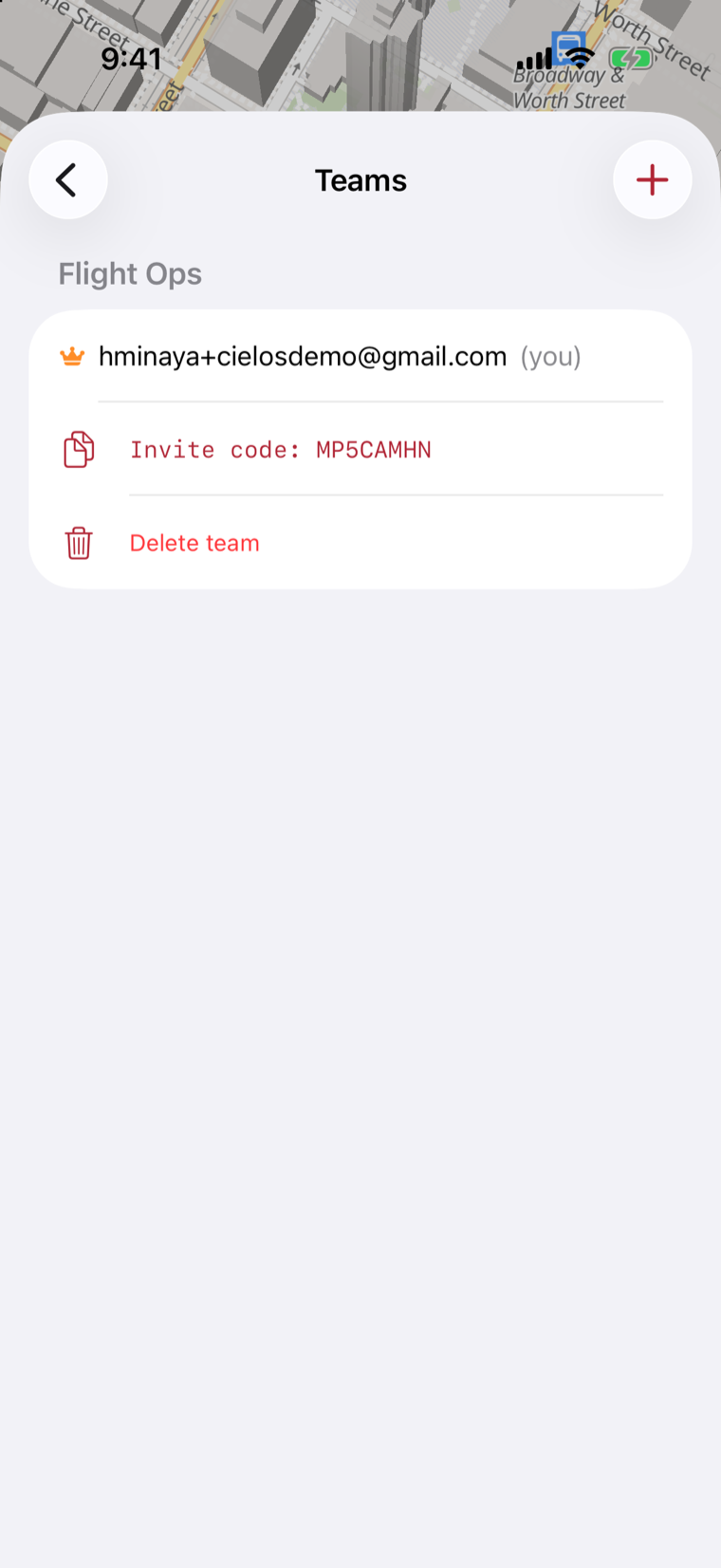 Cielos iOS app Teams screen with a team, its members, and an invite code