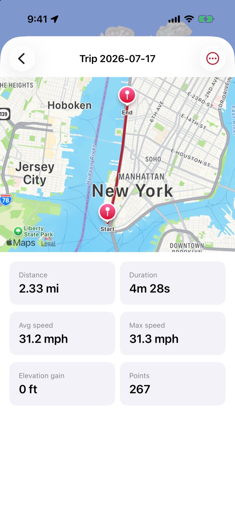Cielos iOS app showing a recorded trip with route line and distance, duration, and speed stats